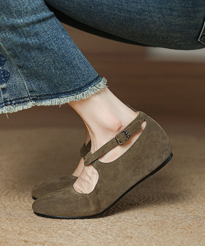 Green Flats Cowhide Leather Casual Buckle Strap Flat Shoes