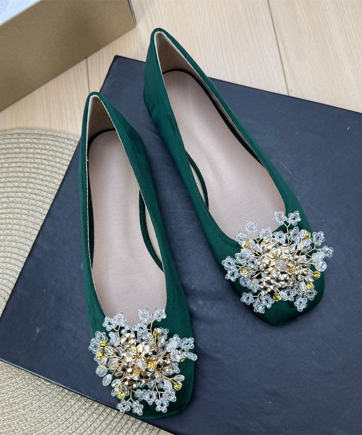 Green Floral Zircon Splicing Classy Comfy Flats Plus Size