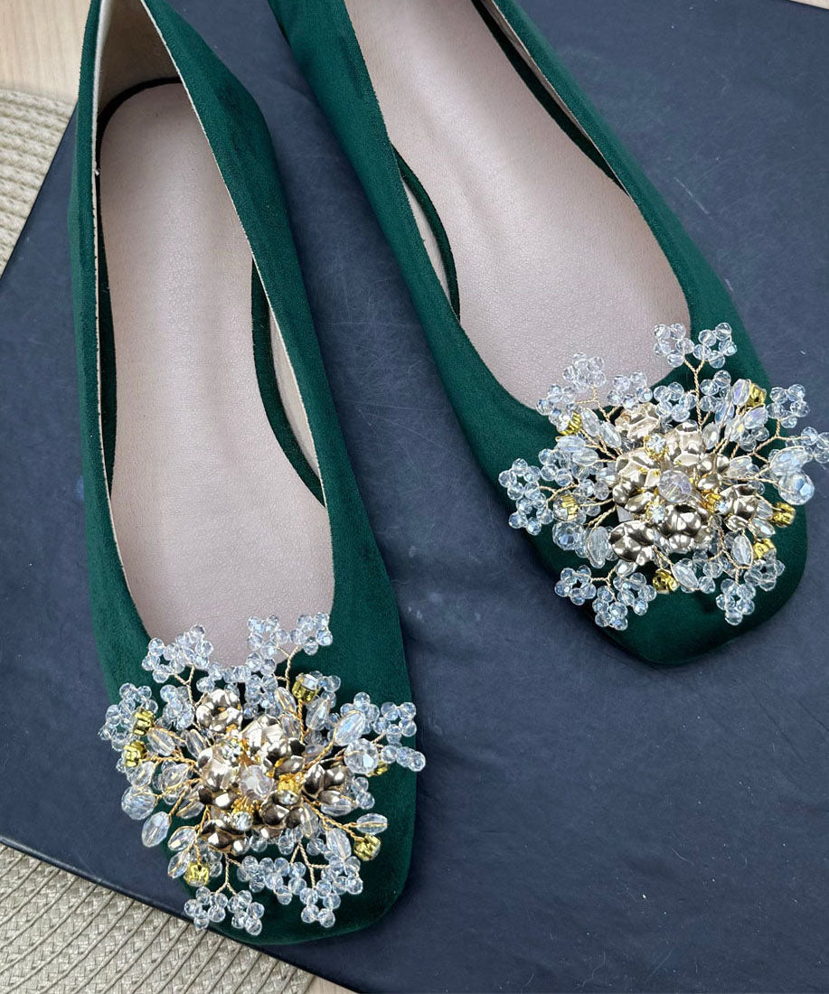 Green Floral Zircon Splicing Classy Comfy Flats Plus Size