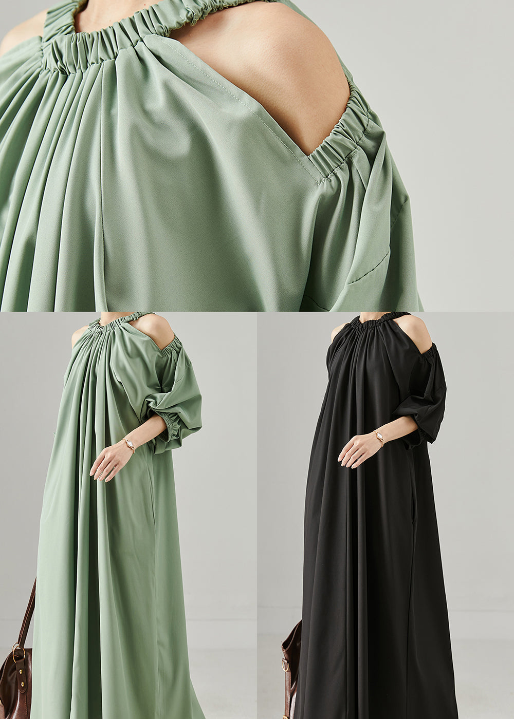 Green Grey Loose Cotton Maxi Dresses Cold Shoulder Spring