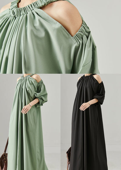Green Grey Loose Cotton Maxi Dresses Cold Shoulder Spring