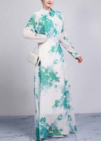 Green High Waist Chiffon Robe Dresses Peter Pan Collar Fall