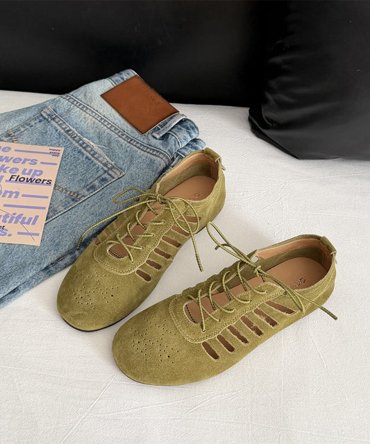 Green Hollow Out Lace Up Suede Boutique Splicing Flat Shoes