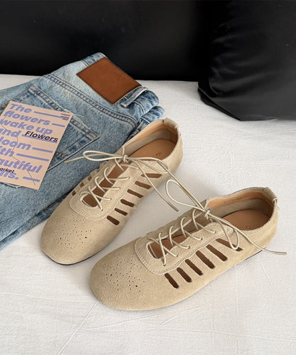 Green Hollow Out Lace Up Suede Boutique Splicing Flat Shoes
