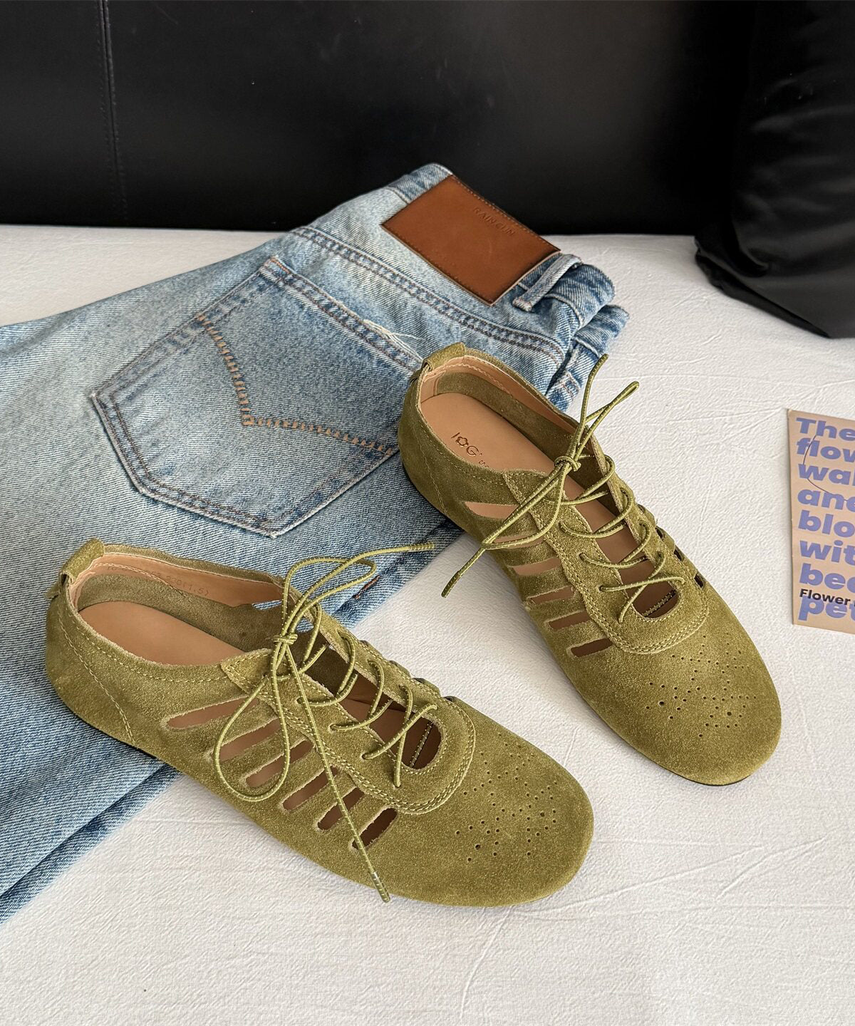 Green Hollow Out Lace Up Suede Boutique Splicing Flat Shoes