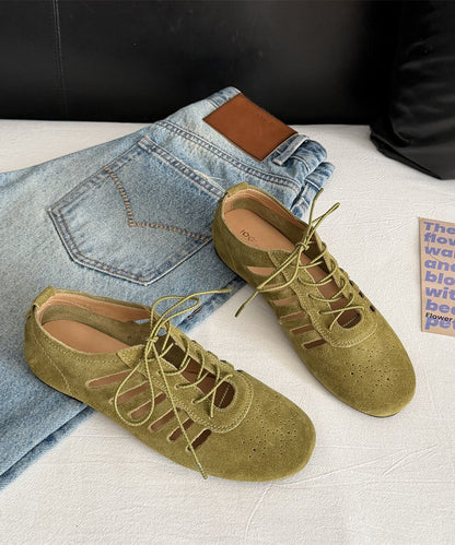 Green Hollow Out Lace Up Suede Boutique Splicing Flat Shoes