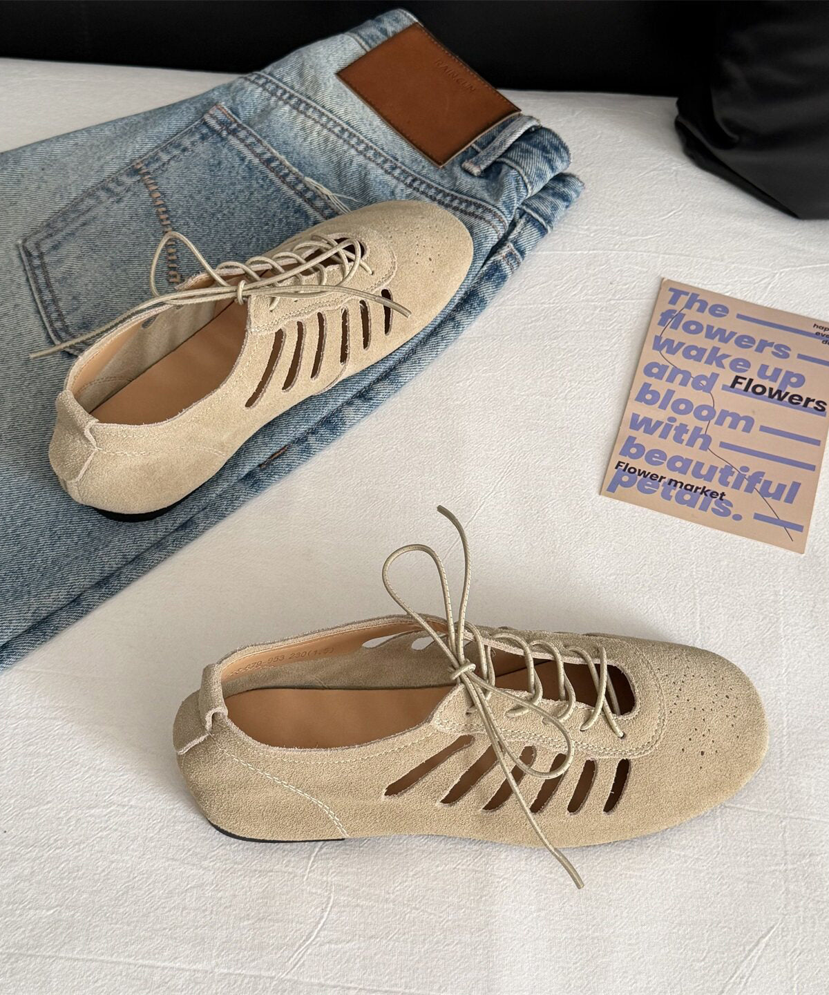 Green Hollow Out Lace Up Suede Boutique Splicing Flat Shoes