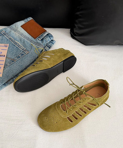 Green Hollow Out Lace Up Suede Boutique Splicing Flat Shoes