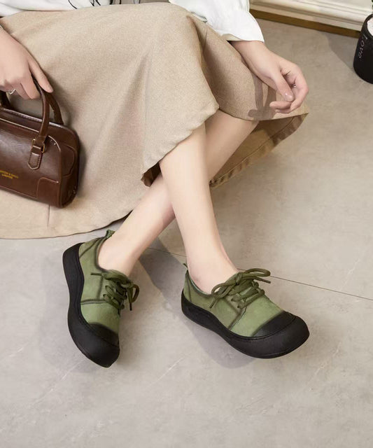 Green Lace Up Cowhide Leather Vintage Splicing Flat Feet Shoes
