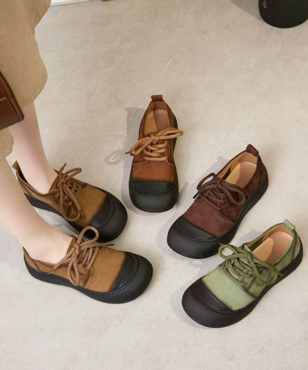 Green Lace Up Cowhide Leather Vintage Splicing Flat Feet Shoes