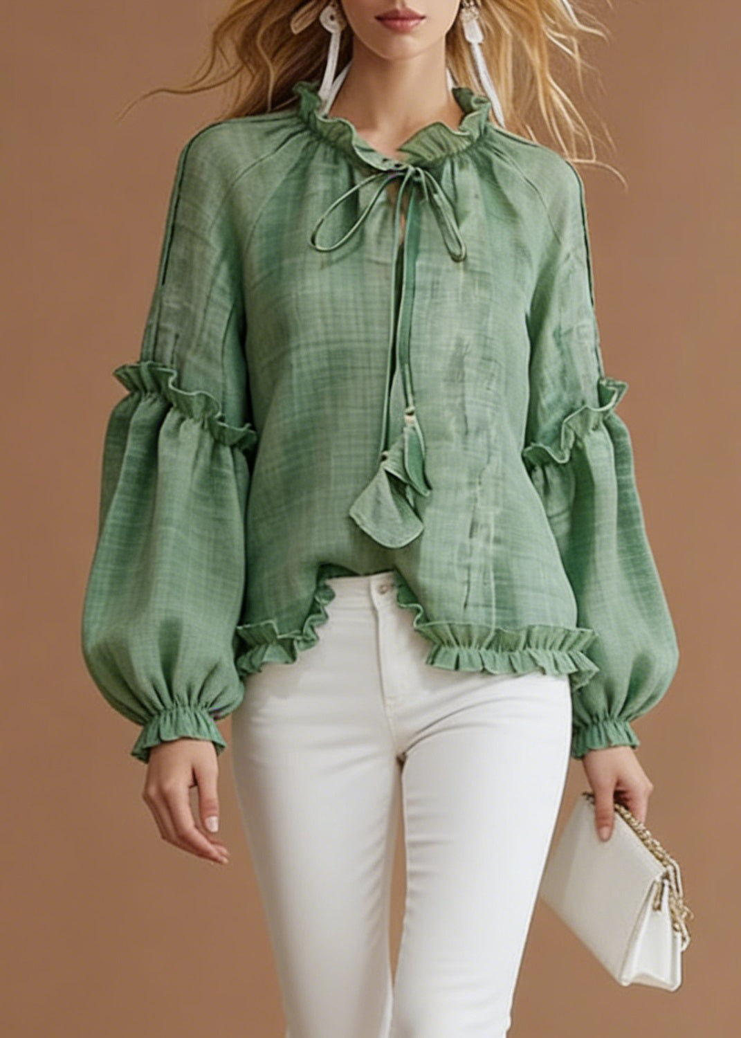 Green Lace Up Solid Cotton Blouse Top Ruffled Spring