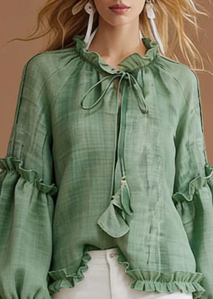 Green Lace Up Solid Cotton Blouse Top Ruffled Spring