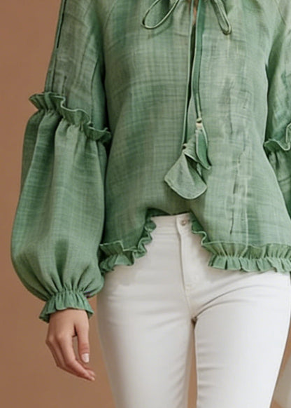 Green Lace Up Solid Cotton Blouse Top Ruffled Spring