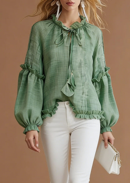 Green Lace Up Solid Cotton Blouse Top Ruffled Spring