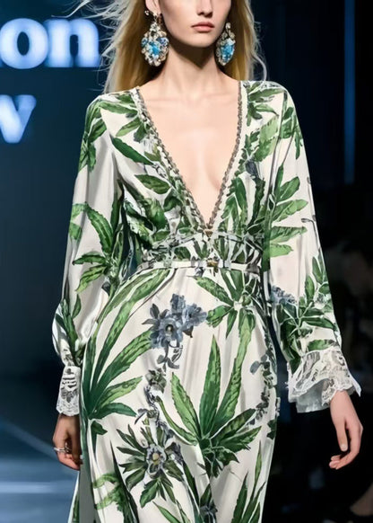 Green Leaf Print Silk Dresses V Neck Exra Large Hem Spring