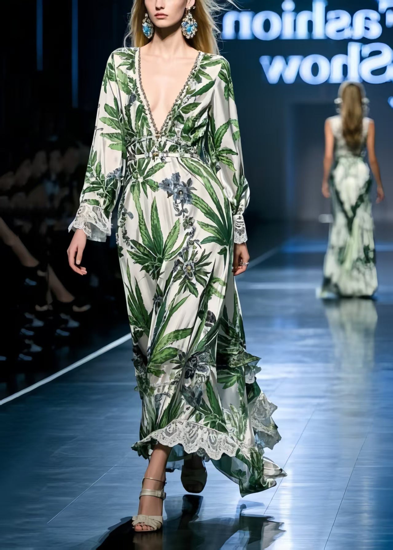 Green Leaf Print Silk Dresses V Neck Exra Large Hem Spring