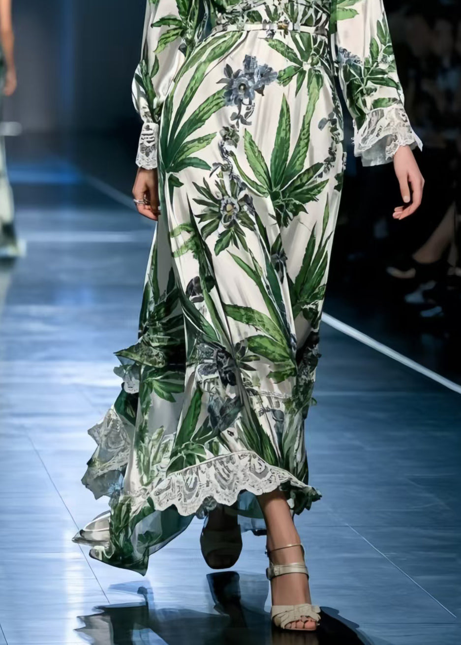 Green Leaf Print Silk Dresses V Neck Exra Large Hem Spring