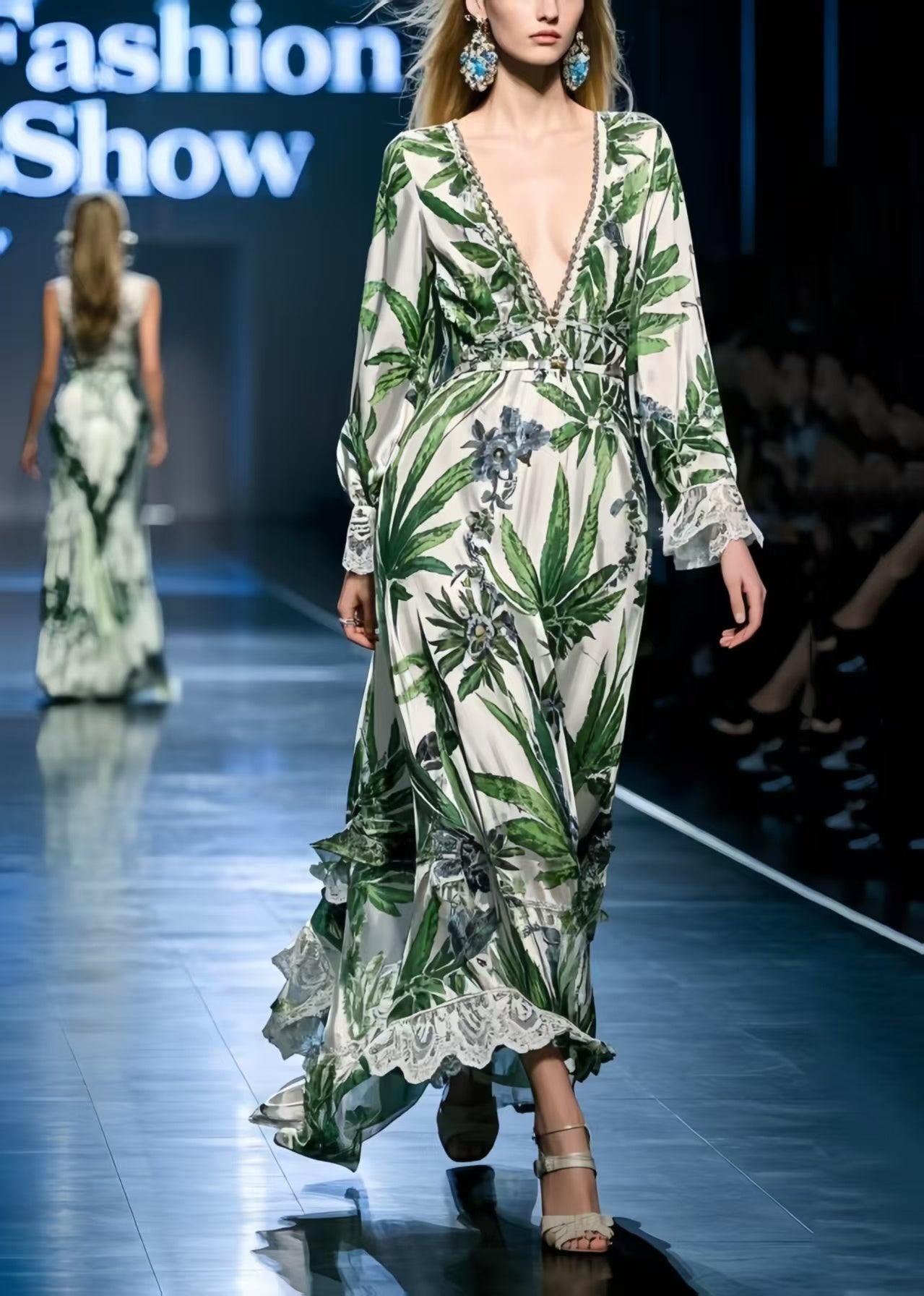 Green Leaf Print Silk Dresses V Neck Exra Large Hem Spring