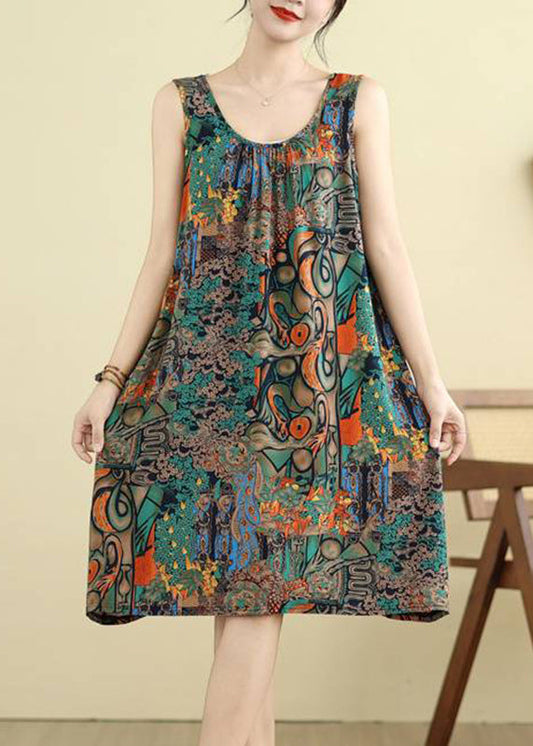 Green O-Neck Print Maxi Dresses Sleeveless