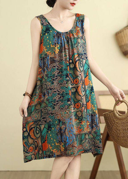 Green O-Neck Print Maxi Dresses Sleeveless