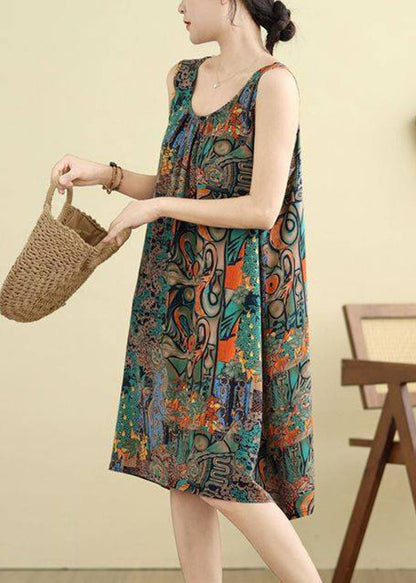 Green O-Neck Print Maxi Dresses Sleeveless