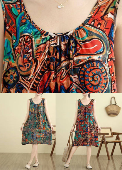 Green O-Neck Print Maxi Dresses Sleeveless