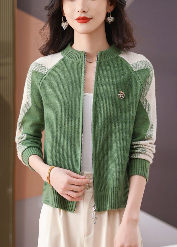 Green Original DesignPatchwork Winter Knit Trench O-Neck