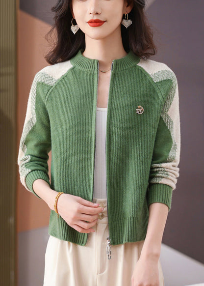 Green Original DesignPatchwork Winter Knit Trench O-Neck