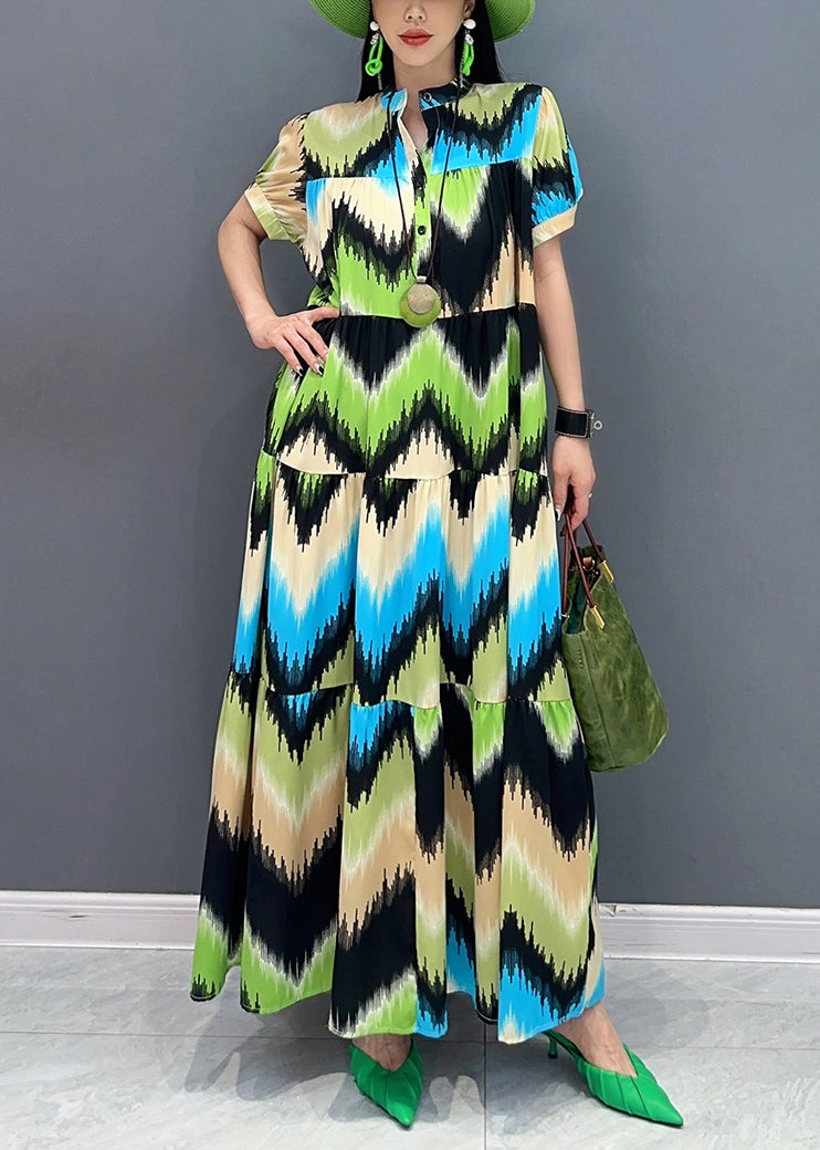 Green Patchwork Button Maxi Dress Short Sleeve