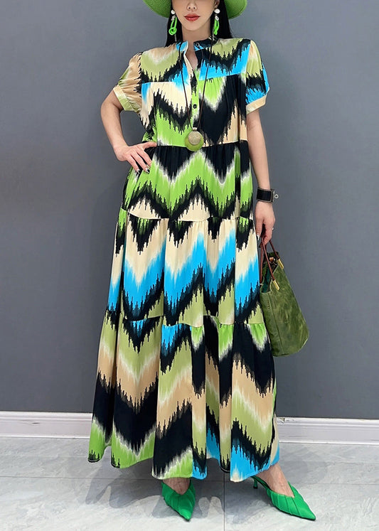 Green Patchwork Button Maxi Dress Short Sleeve