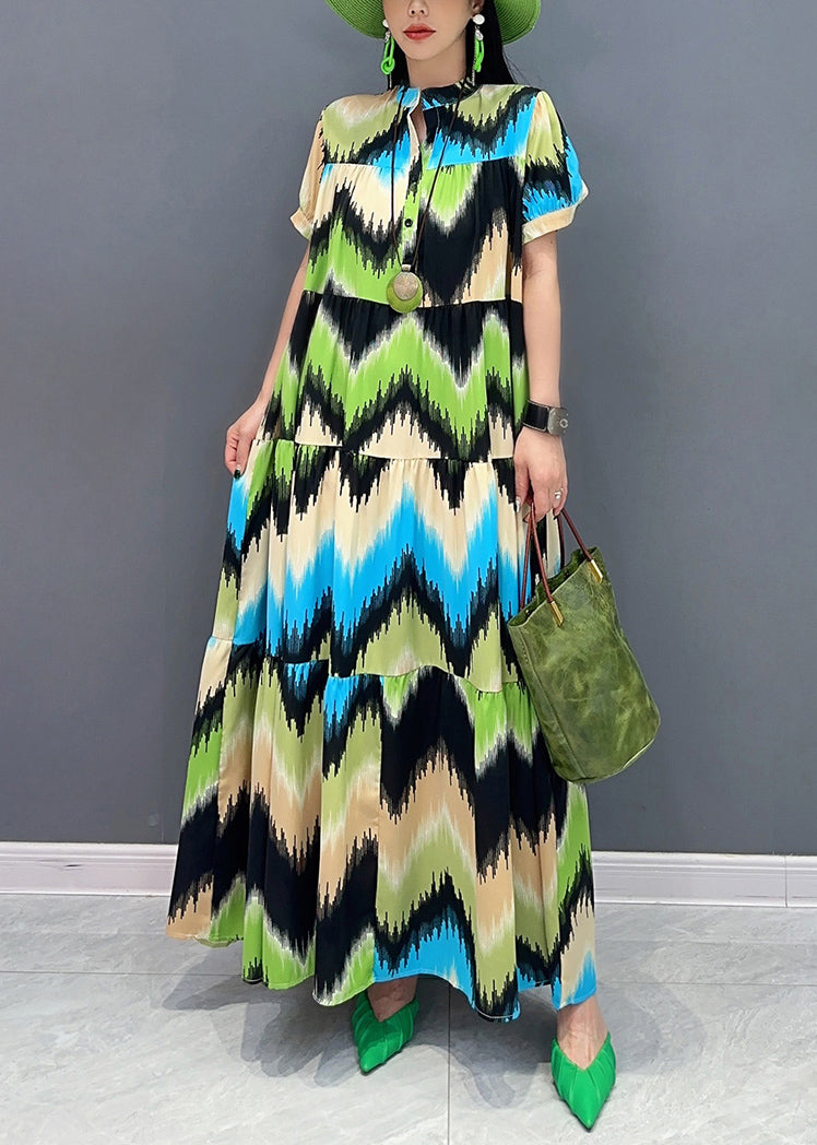 Green Patchwork Button Maxi Dress Short Sleeve
