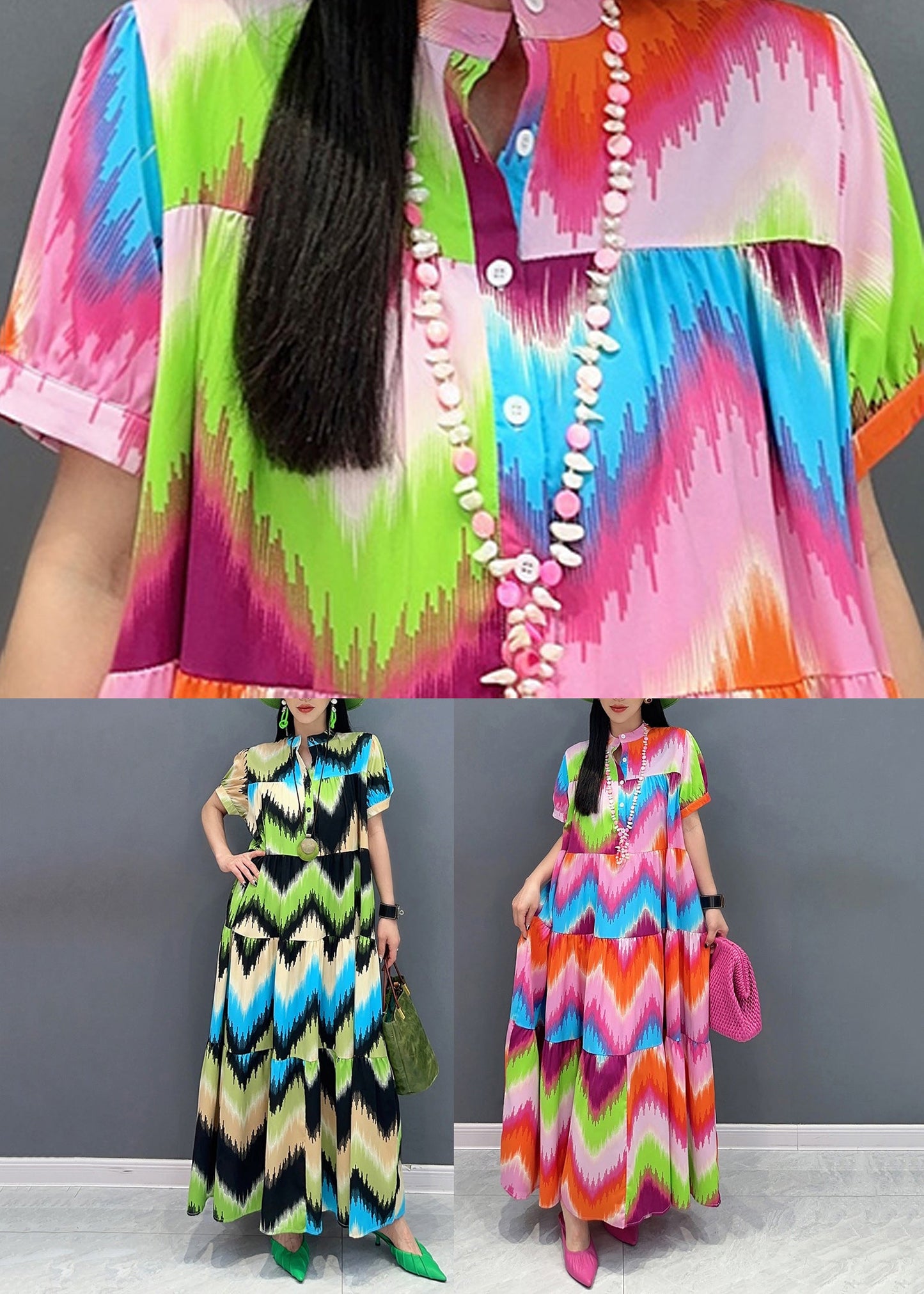 Green Patchwork Button Maxi Dress Short Sleeve