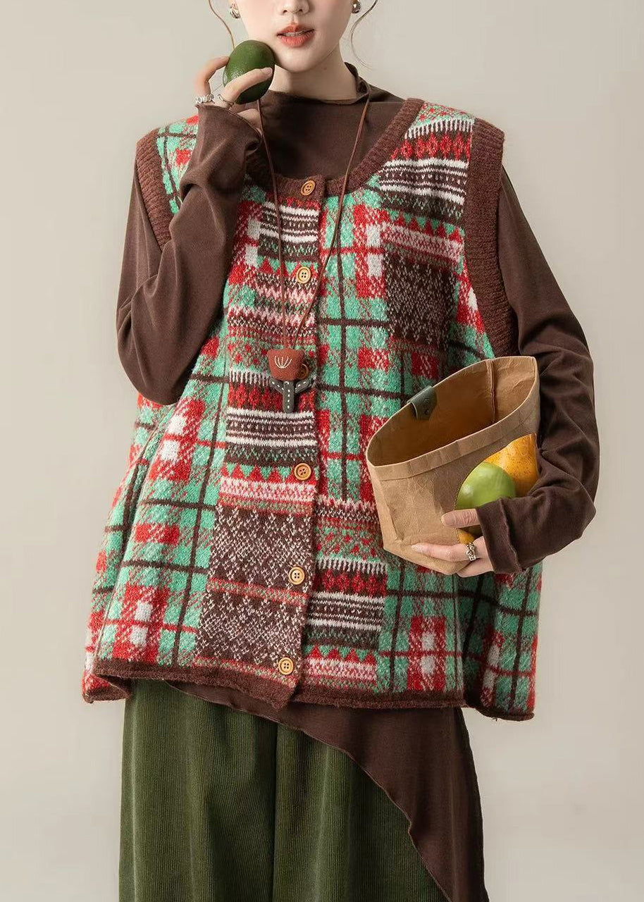 Green Patchwork Button Thick Cotton Knit Waistcoat Fall
