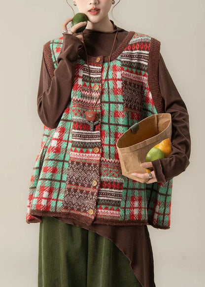 Green Patchwork Button Thick Cotton Knit Waistcoat Fall