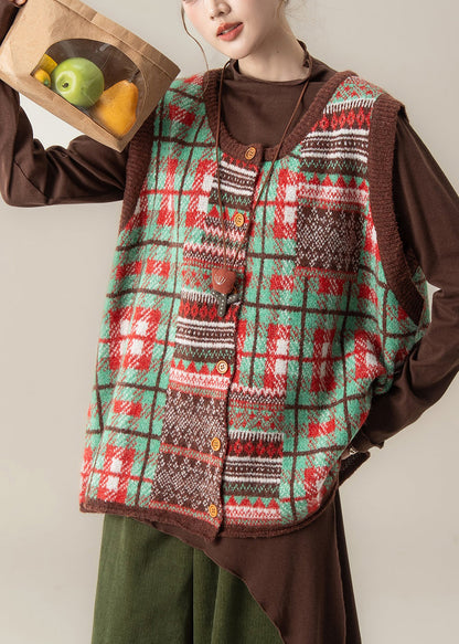 Green Patchwork Button Thick Cotton Knit Waistcoat Fall