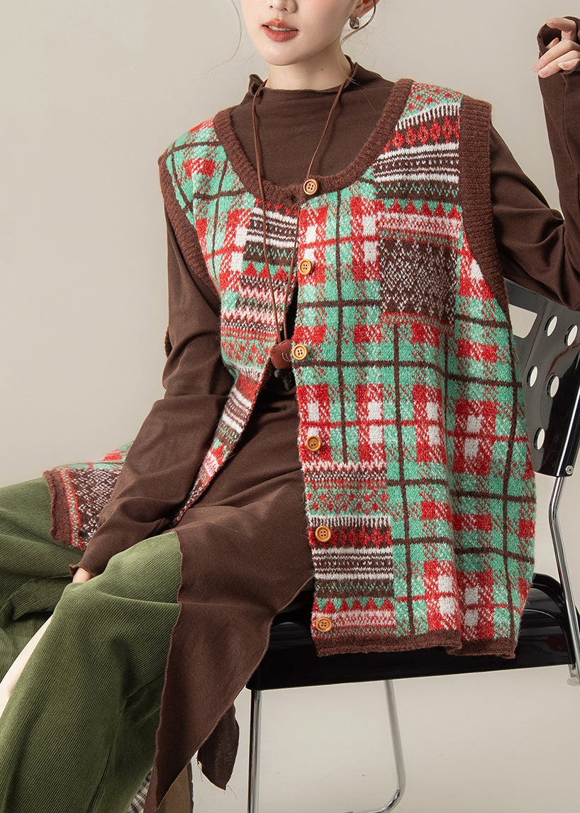 Green Patchwork Button Thick Cotton Knit Waistcoat Fall
