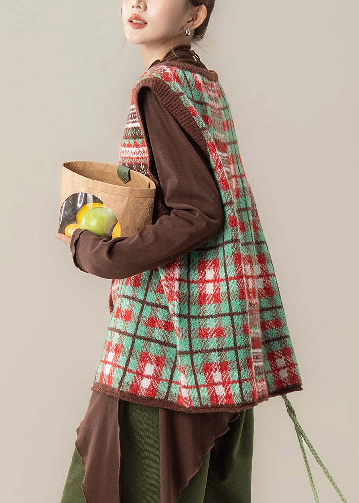 Green Patchwork Button Thick Cotton Knit Waistcoat Fall