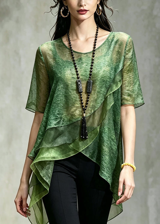 Green Patchwork Chiffon Shirt Top Asymmetrical Print Summer