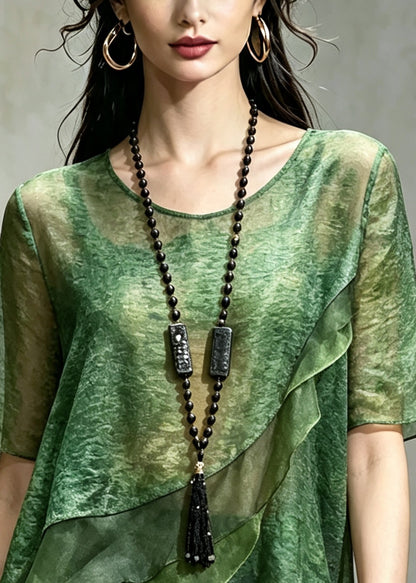 Green Patchwork Chiffon Shirt Top Asymmetrical Print Summer