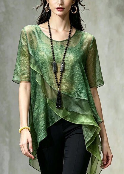 Green Patchwork Chiffon Shirt Top Asymmetrical Print Summer