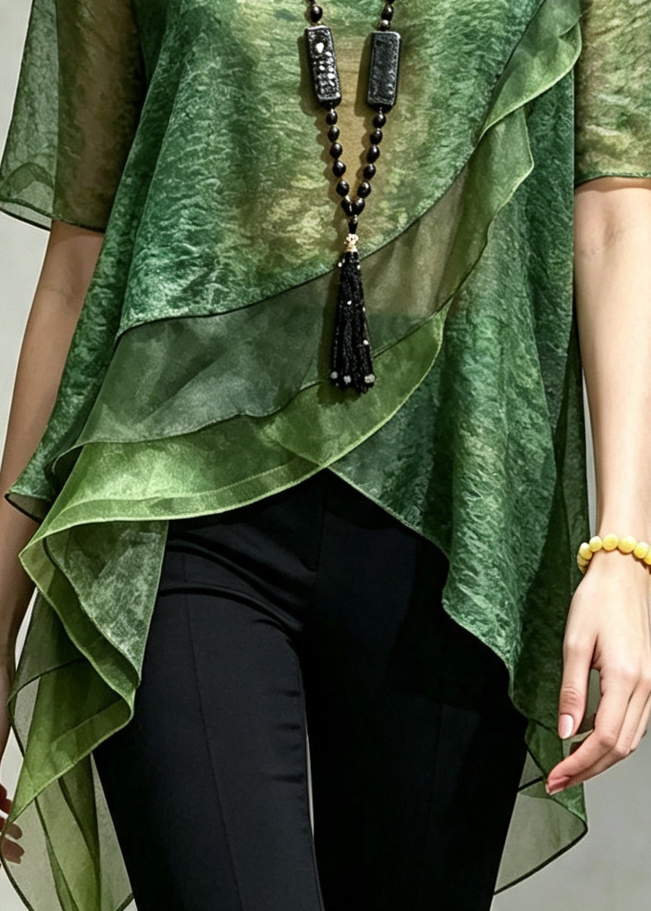Green Patchwork Chiffon Shirt Top Asymmetrical Print Summer