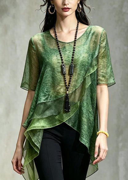 Green Patchwork Chiffon Shirt Top Asymmetrical Print Summer