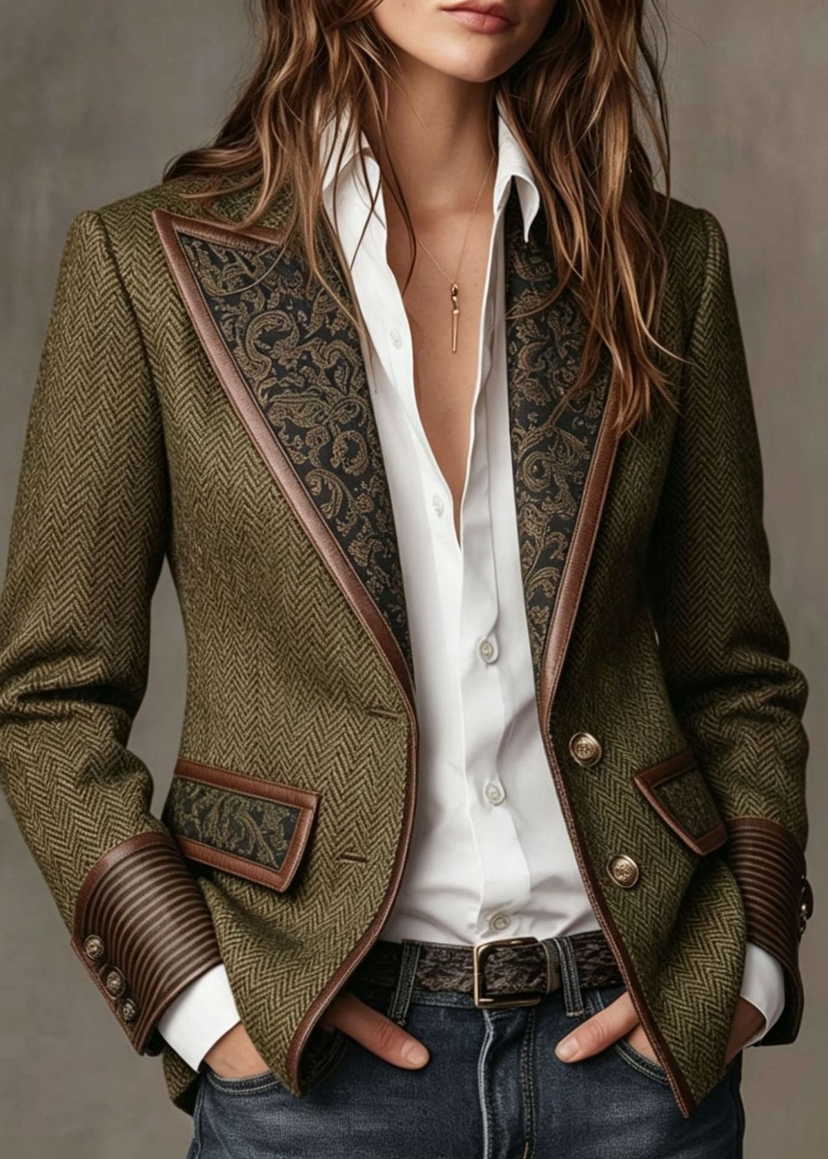 Green Patchwork Faux Fur Woolen Blazer Notched Fall