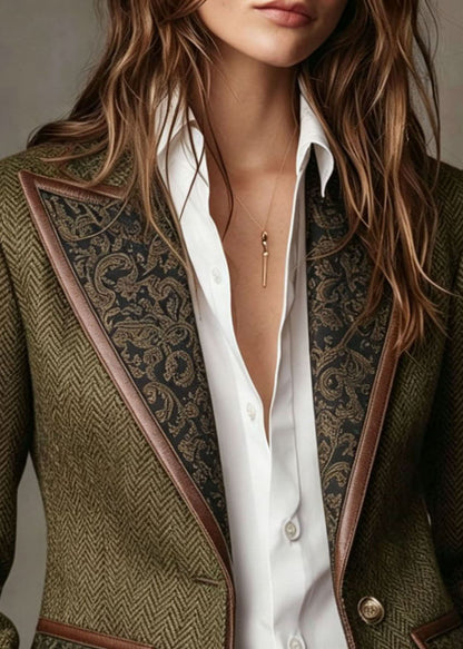 Green Patchwork Faux Fur Woolen Blazer Notched Fall