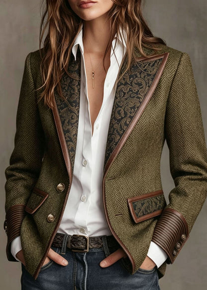 Green Patchwork Faux Fur Woolen Blazer Notched Fall