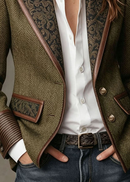Green Patchwork Faux Fur Woolen Blazer Notched Fall