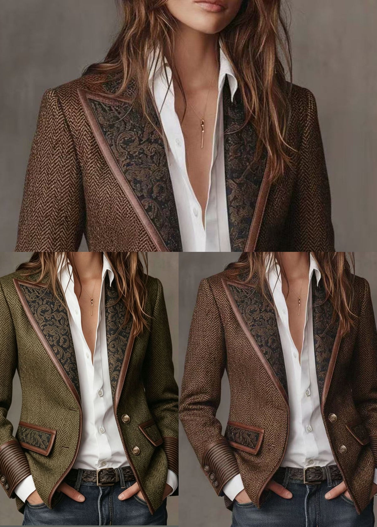 Green Patchwork Faux Fur Woolen Blazer Notched Fall