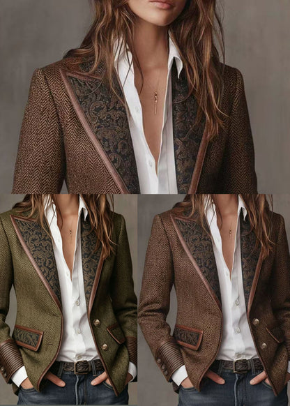 Green Patchwork Faux Fur Woolen Blazer Notched Fall