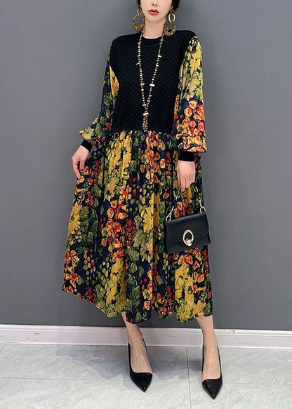 Green Patchwork Knit Chiffon Maxi Dress Exra Large Hem Lantern Sleeve