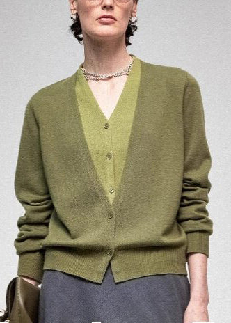 Green Patchwork Knit Fake Two Piece Shirts V Neck Fall